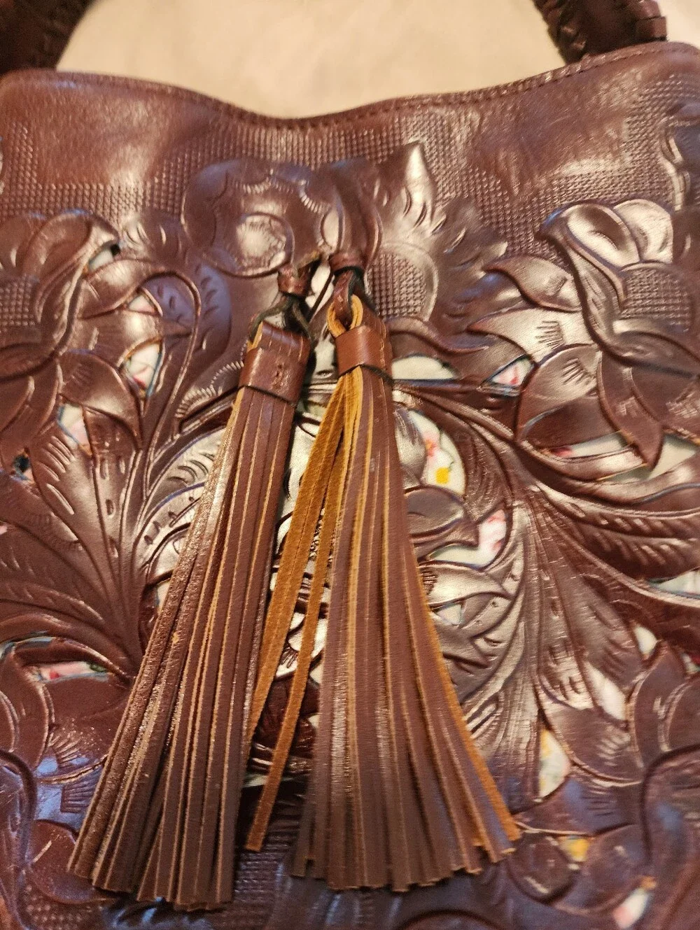 Patricia Nash 10th Anniversary Brown Tooled Leather Tassel Bag Fall 2010 Collect